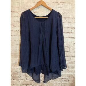 Giusy Top Womens Large Italian Silk Navy Blue Crinkle Flowy Lace Lined Open Back